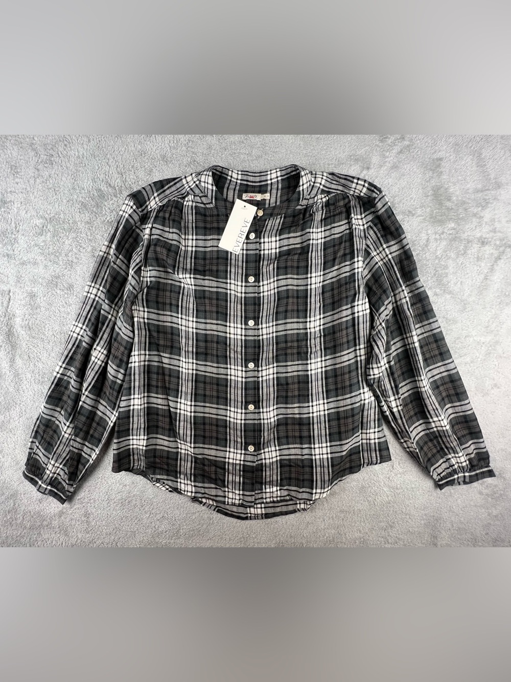Faherty Plaid Drift Top Shirt Women M Gray Collarless Button Down Timberwood NWT